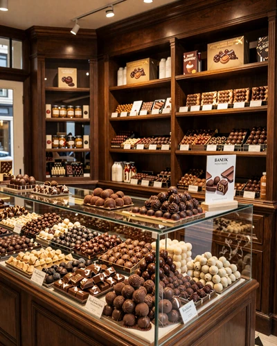 Artisan Belgian chocolate shop in Brussels Sablon district with handmade pralines