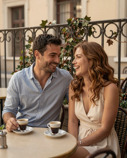 Happy international couple enjoying a European cafe date - meet European women for real connections