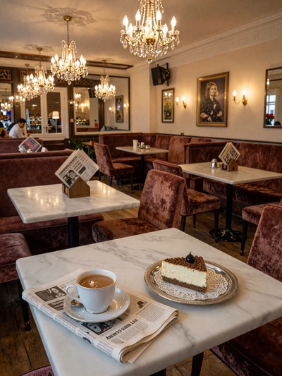 Traditional Viennese coffeehouse with marble tables and a Melange coffee served on silver tray