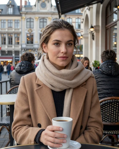 Belgian woman enjoying coffee at a Brussels Art Nouveau cafe terrace