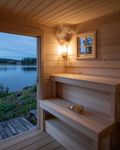 Traditional Finnish lakeside sauna with birch whisk and calm lake view, authentic Finnish dating culture experience